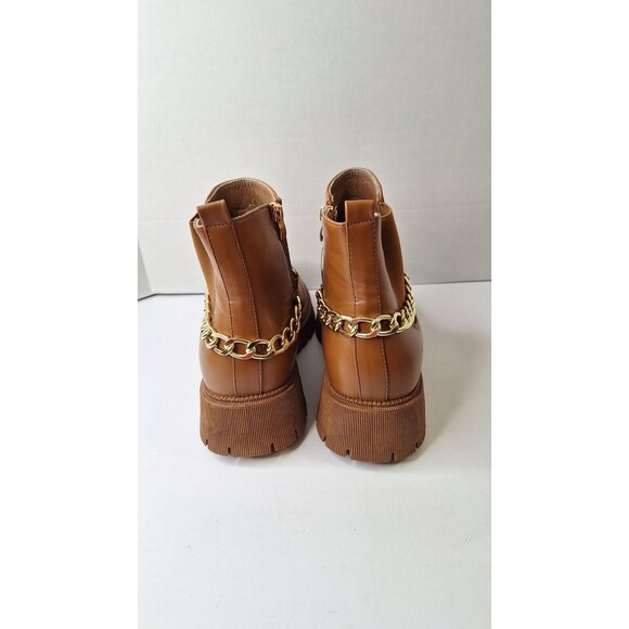 Women's Brown Lugged Sole Chunky Ankle Boots/Booties w/ Gold Chain Sz 10 Grunge - Picture 4 of 11